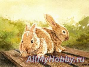 Рисуем картину "Кролики" акварелью