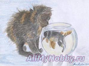 Рисуем картину "Забавный котенок. Знакомство с рыбкой"