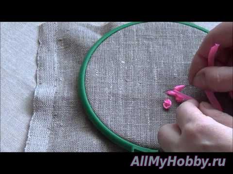 Видео мастер-класс: Вышивка лентами для начинающих. Колониальный узелок и маленькая розочка.